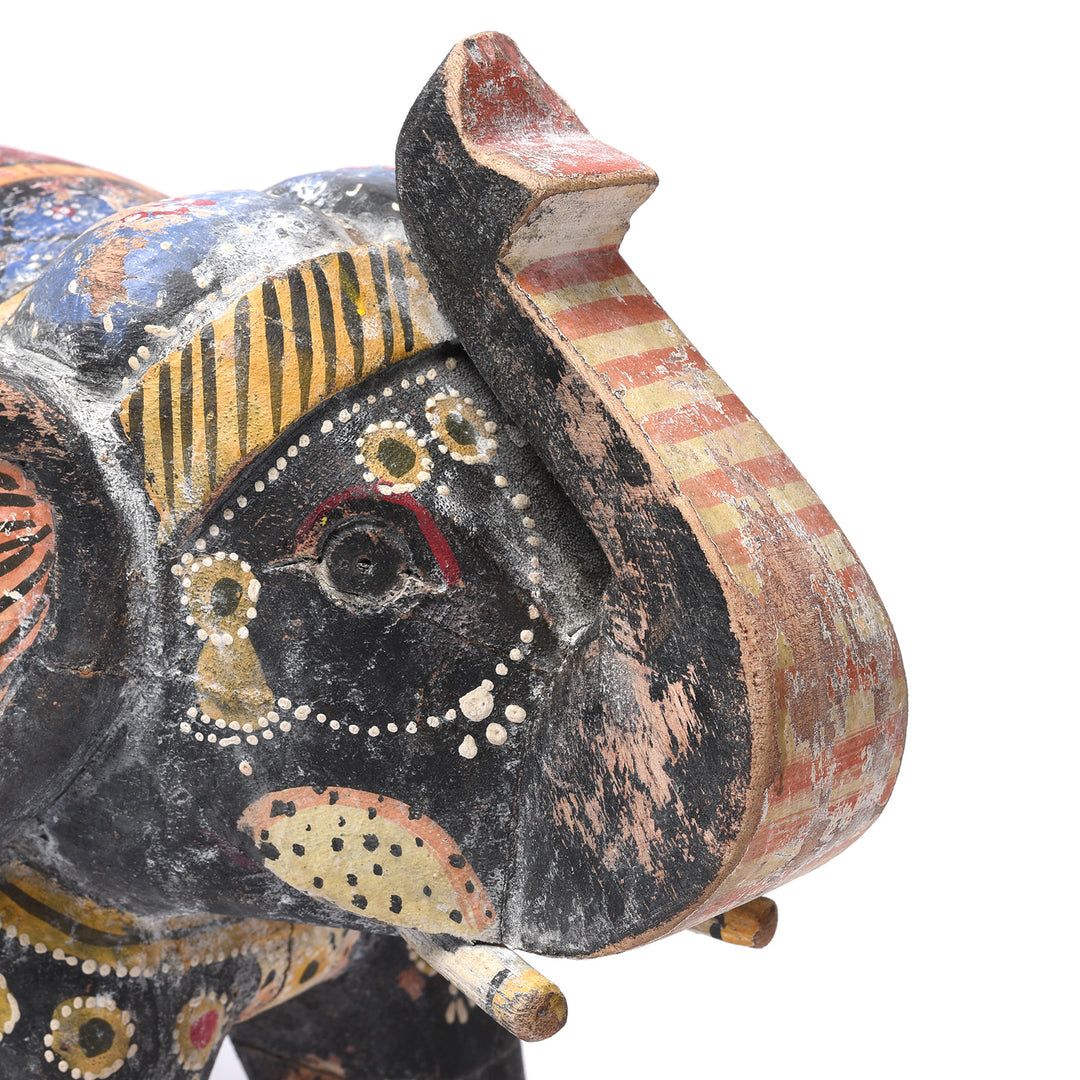 Face Detail Of Painted Indian Elephant Figurine From Rajasthan | Indigo Antiques