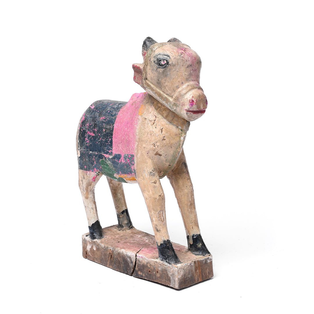 Angled View Of Painted Indian Nandi Bull Figurine From Rajasthan - Ca 1940 | INDIGO ANTIQUES
