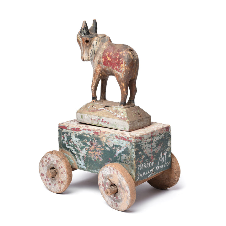 Rear View Of Painted Indian Nandi Bull Wheel Toy From Rajasthan - Ca 1940 | Indigo Antiques