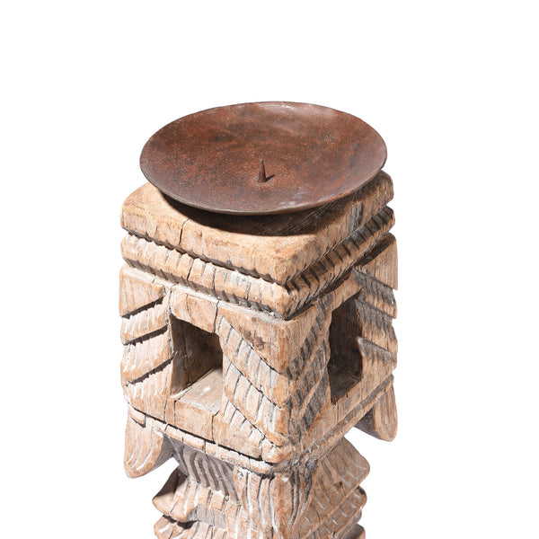 Carved Teak Indian Candlestick Made From An Old Charpoy Leg - 19thC