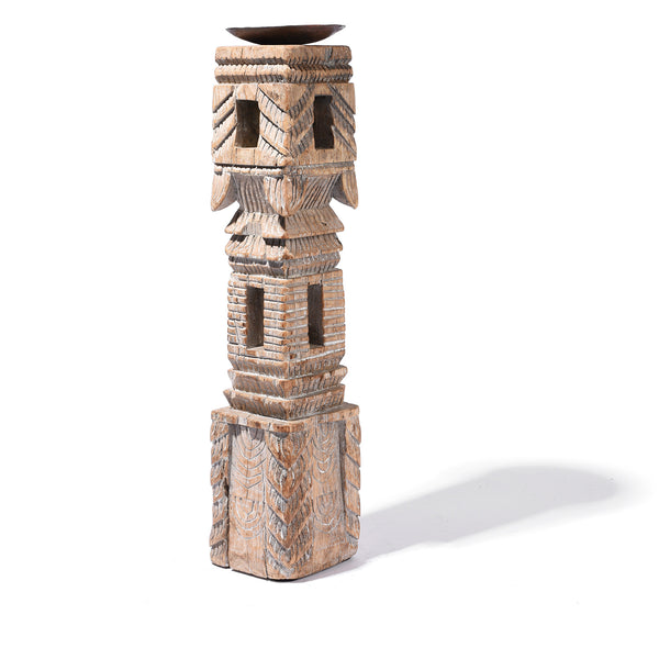 Carved Teak Indian Candlestick Made From An Old Charpoy Leg - 19thC