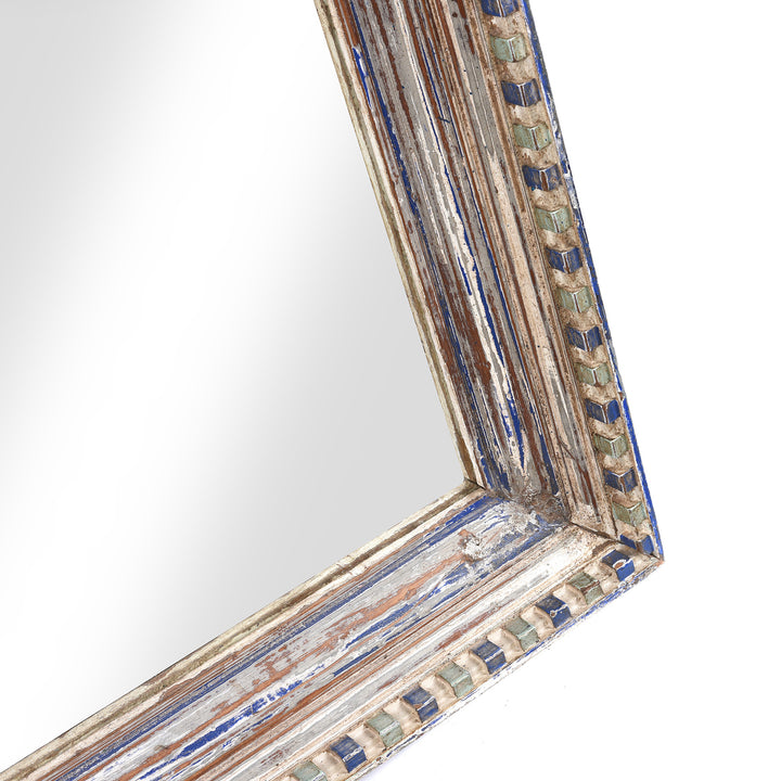 Corner View Of Blue Painted Mirror Made From An Old Teak Window - 19thC | Indigo Antiques