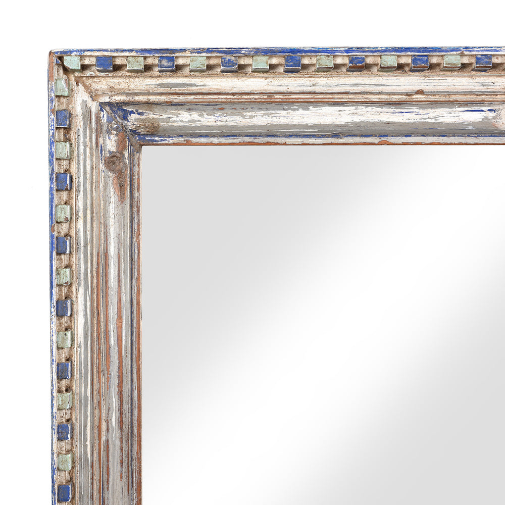 Corner View Of Blue Painted Mirror Made From An Old Teak Window - 19thC | Indigo Antiques