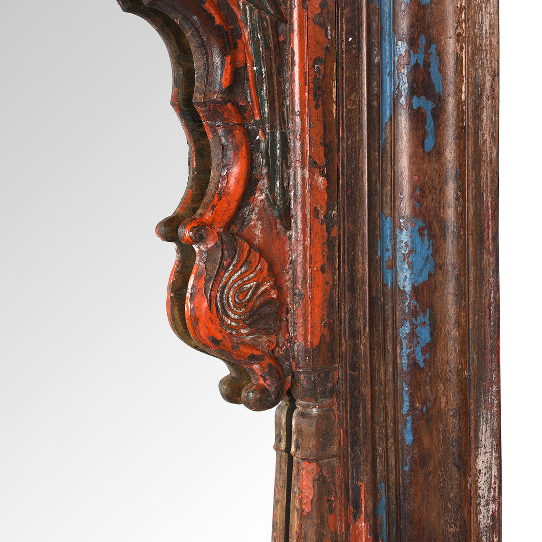 Peacock Carving Detail From Antique Painted Mihrab Mirror Made From An Old Teak Window - 19th Century | Indigo Antiques