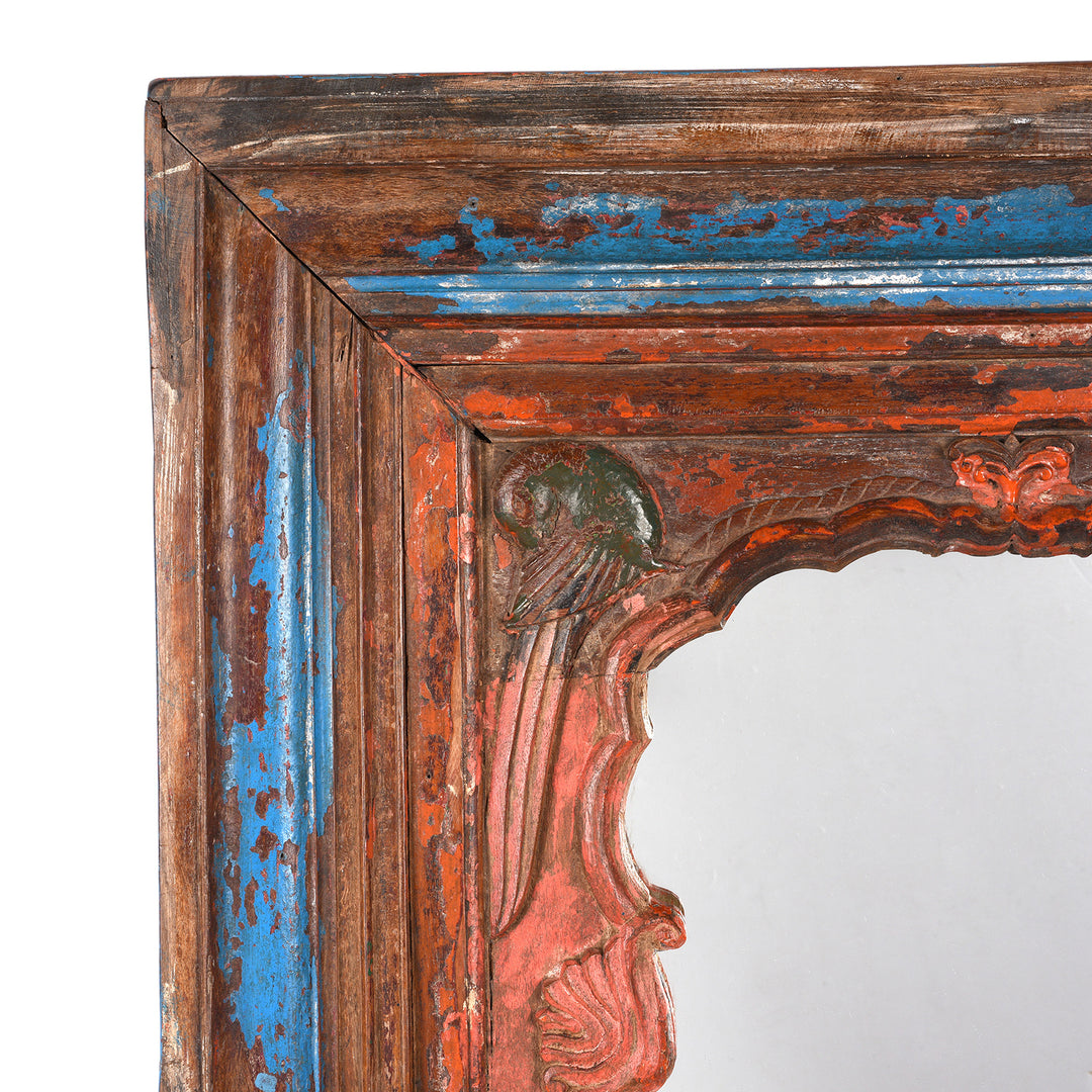 Parrot Detail From Antique Painted Indian Mihrab Mirror Made From An Old Teak Window - 19th Century | Indigo Antiques