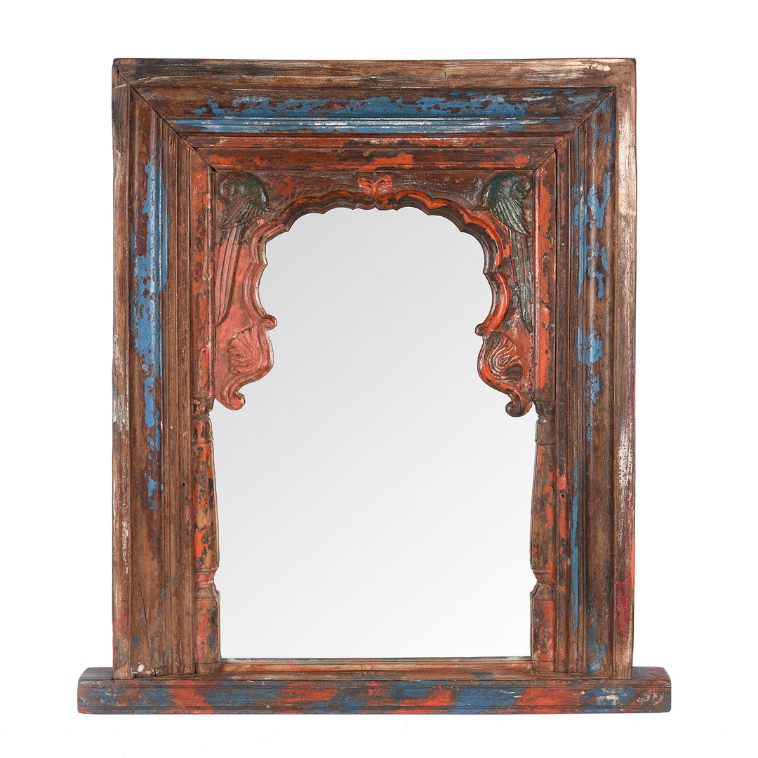 Antique Blue & Orange Painted Indian Mihrab Mirror Made From An Old Teak Window - 19th Century | Indigo Antiques
