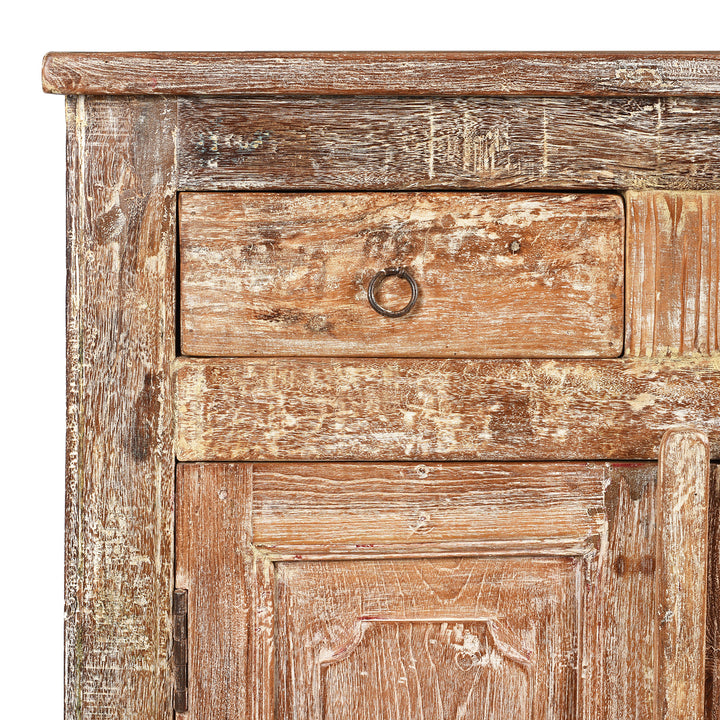 Drawer detail of a Rustic Indian 2 Door Kitchen Cabinet Made From Reclaimed Teak | Indigo Antiques
