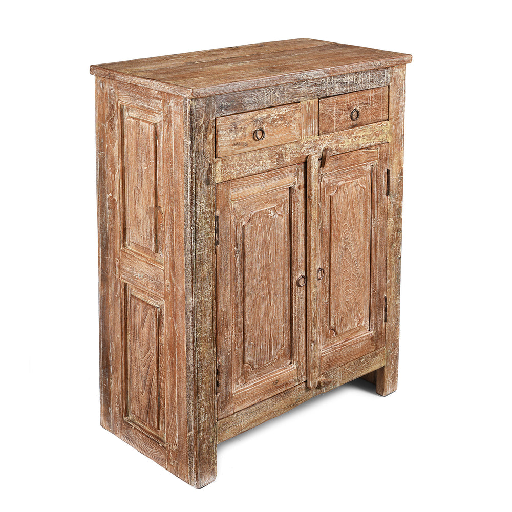 Side detail of a Rustic Indian 2 Door Kitchen Cabinet Made From Reclaimed Teak | Indigo Antiques