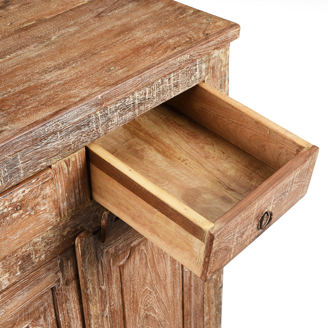 Drawer detail of a Rustic Indian 2 Door Kitchen Cabinet Made From Reclaimed Teak | Indigo Antiques