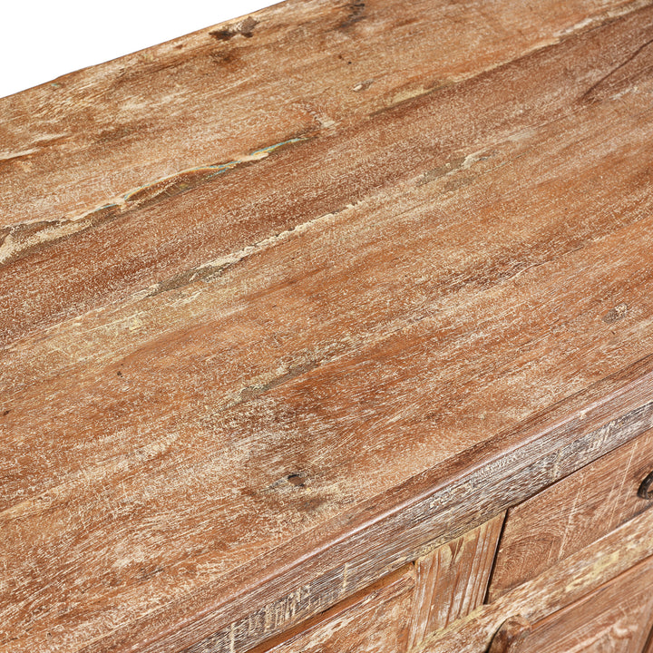 Top detail of a Rustic Indian 2 Door Kitchen Cabinet Made From Reclaimed Teak | Indigo Antiques