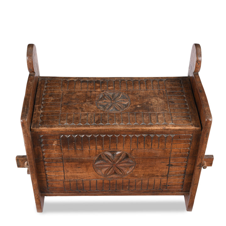 Top Down View Of Antique Carved Tribal Cedar Chest From The Kulu Valley - 19th Century | Indigo Antiques