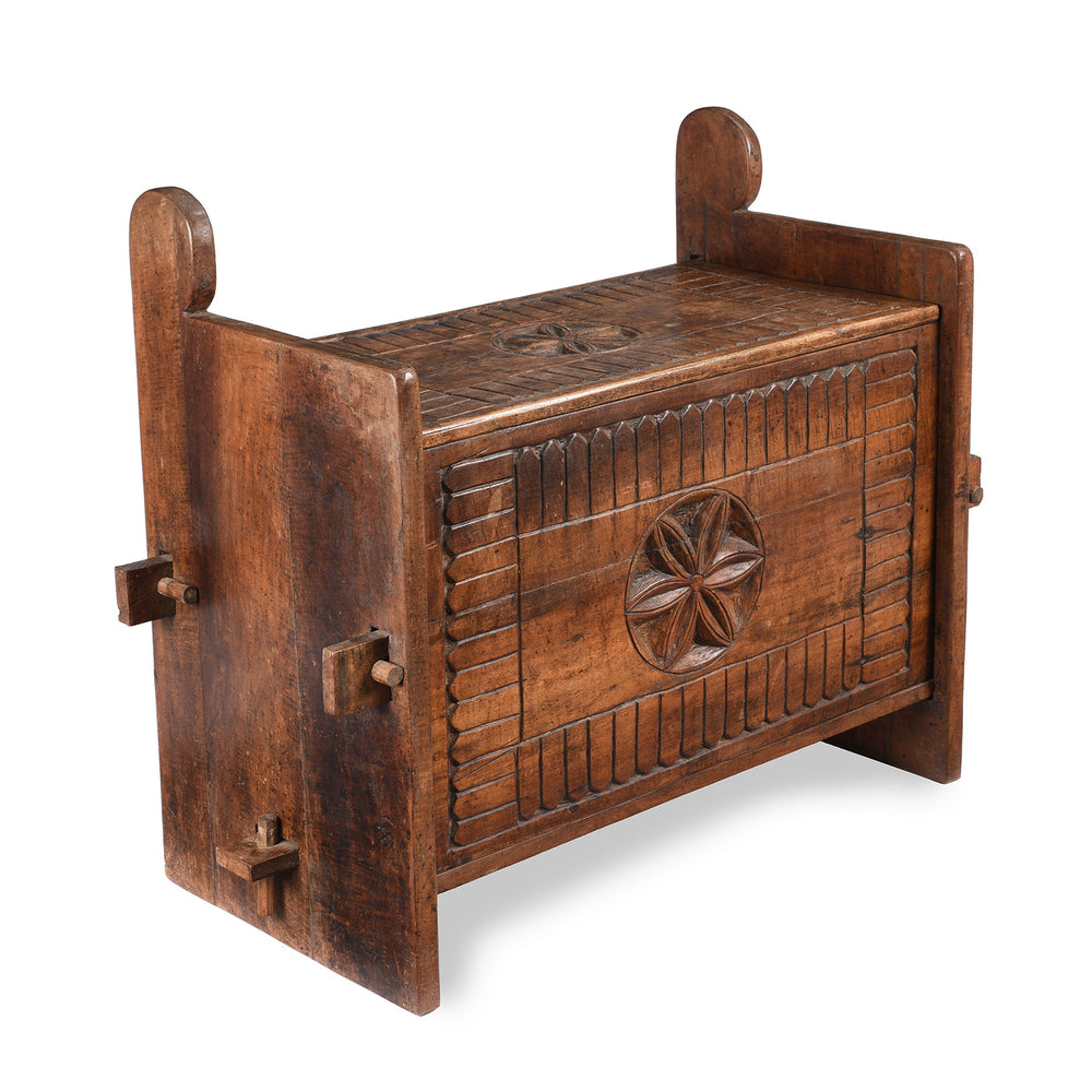 Angled View Of Antique Carved Tribal Cedar Chest From The Kulu Valley - 19th Century | Indigo Antiques