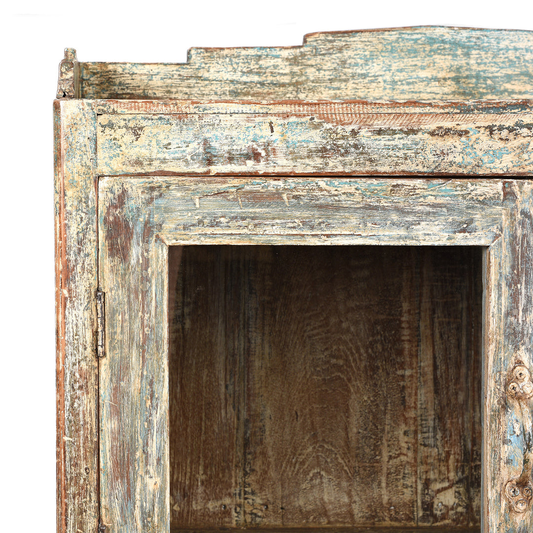 Corner Detail From Vintage Indian Green Painted Display Cabinet - Ca 1920 | Indigo Antiques
