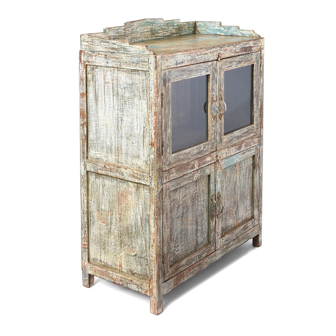 Angled View Of Vintage Indian Green Painted Display Cabinet - Ca 1920 | Indigo Antiques