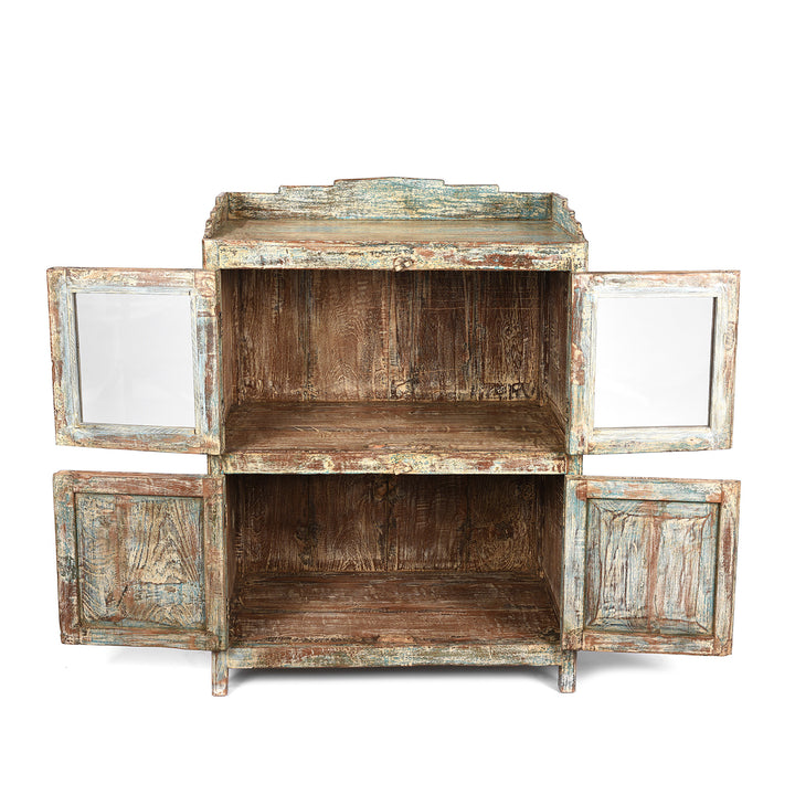 Open Doors View Of Vintage Indian Green Painted Display Cabinet - Ca 1920 | Indigo Antiques