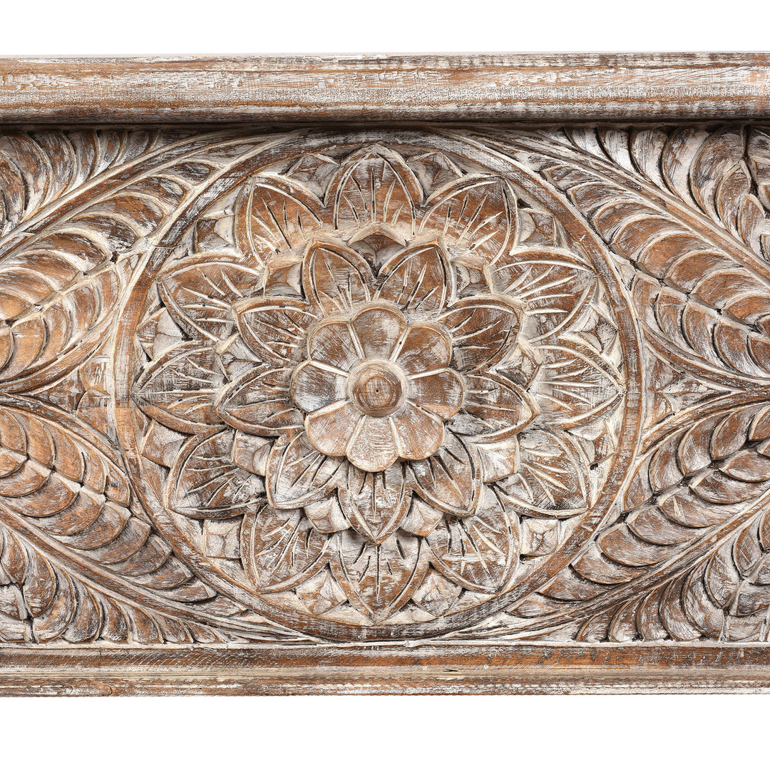 Carving Detail From Reclaimed Teakwood Blanket Chest With Painted Finish | Indigo Antiques