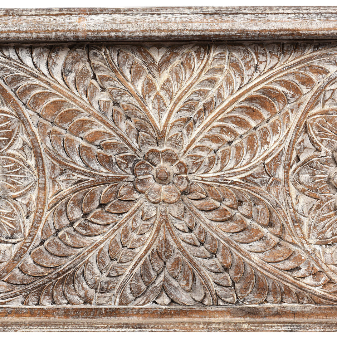 Carving Detail From Reclaimed Teakwood Blanket Chest With Painted Finish | Indigo Antiques
