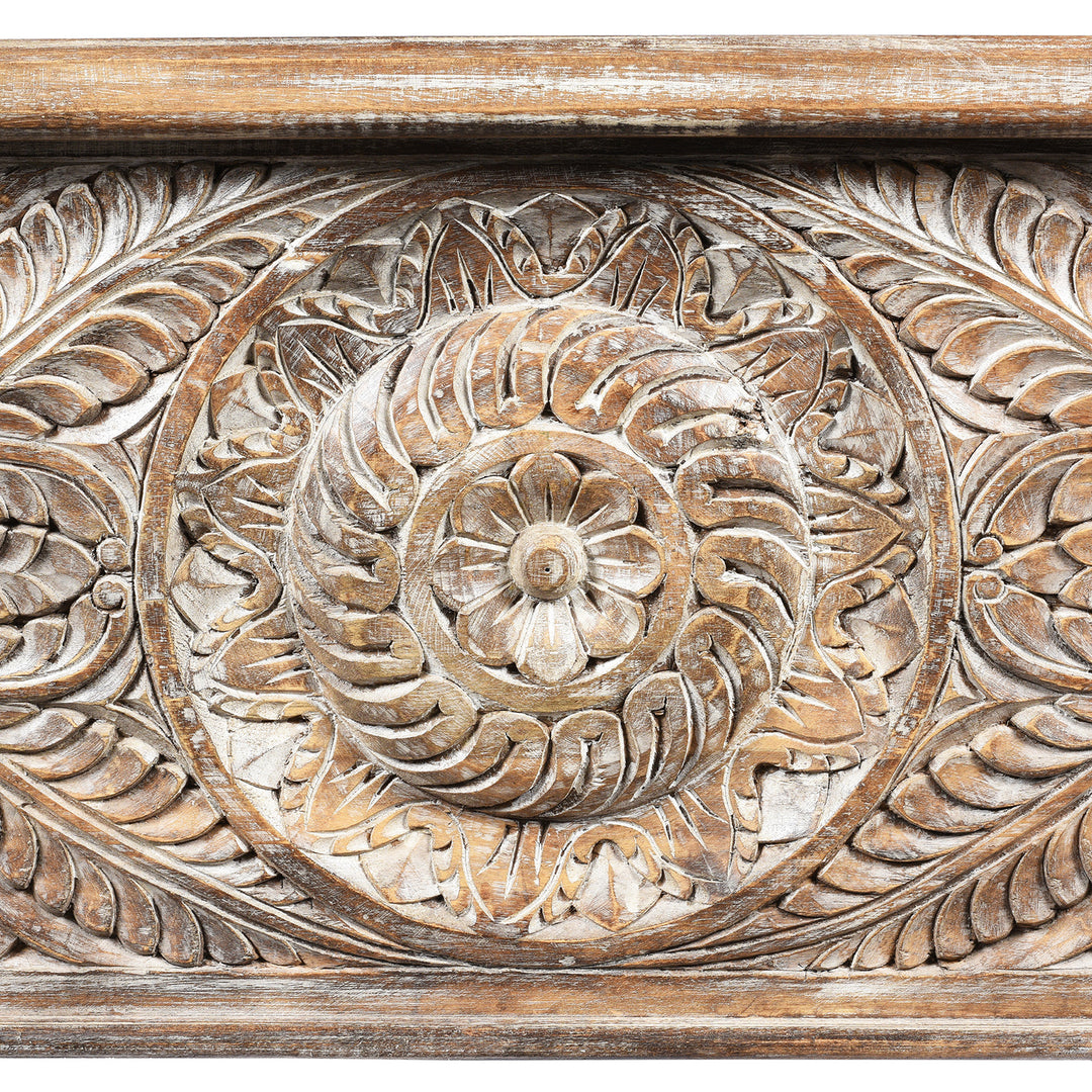 Carving Detail From Carved Blanket Chest Made From Reclaimed Painted Teak | Indigo Antiques