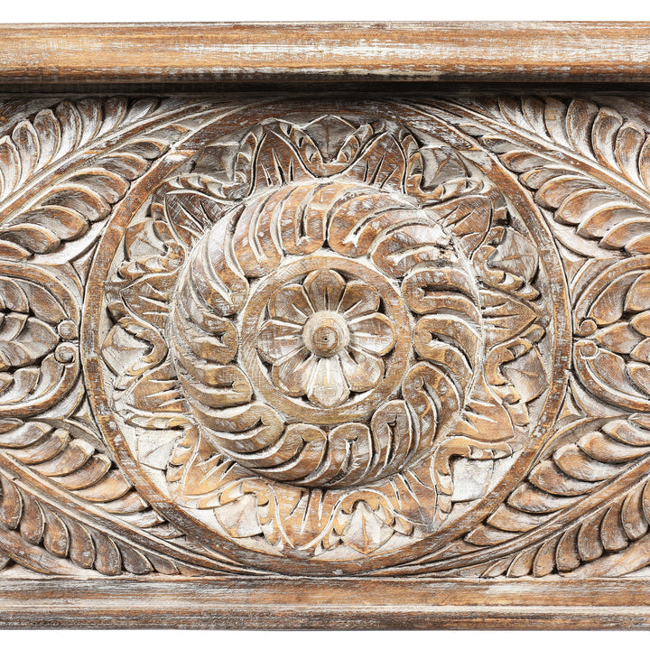 Carving Detail From Carved Blanket Chest Made From Reclaimed Painted Teak | Indigo Antiques