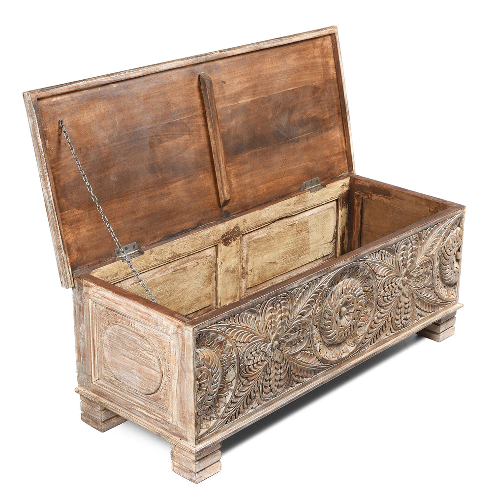 Open Lid View Of Carved Blanket Chest Made From Reclaimed Painted Teak | Indigo Antiques
