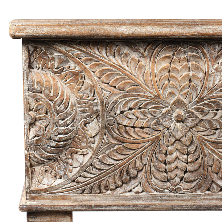 Corner Detail Of Carved Blanket Chest Made From Reclaimed Painted Teak | Indigo Antiques