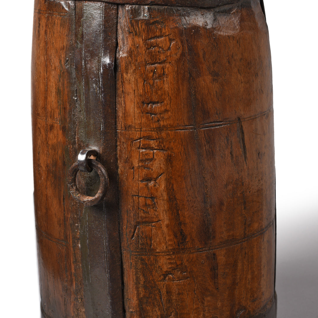 Etching detail of an Antique Teak & Iron Indian Grain Measure From Rajasthan - 19thC | Indigo Antiques