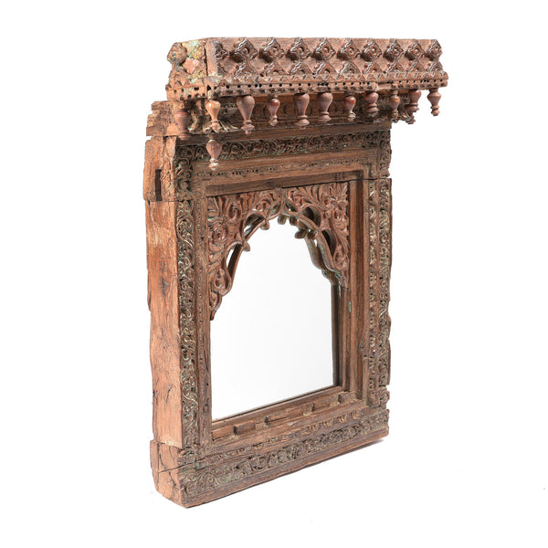 Carved Indian Window Mirror From Kutch - 19thC (52 x 68cm) Carved Indian Window Mirror From Kutch - 19thC (52 x 68cm)