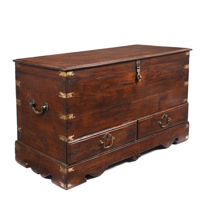Angled View Of Brass Bound Teak Indian Military Chest From Rajasthan -19thC | INDIGO ANTIQUES