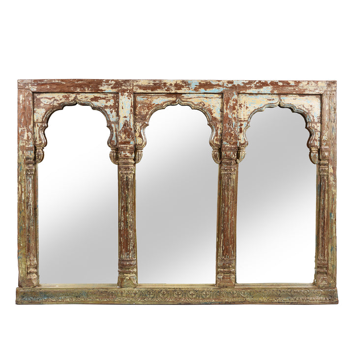 Indian Carved Teak Triple Arch Window Mirror - 19thC | Indigo Antiques