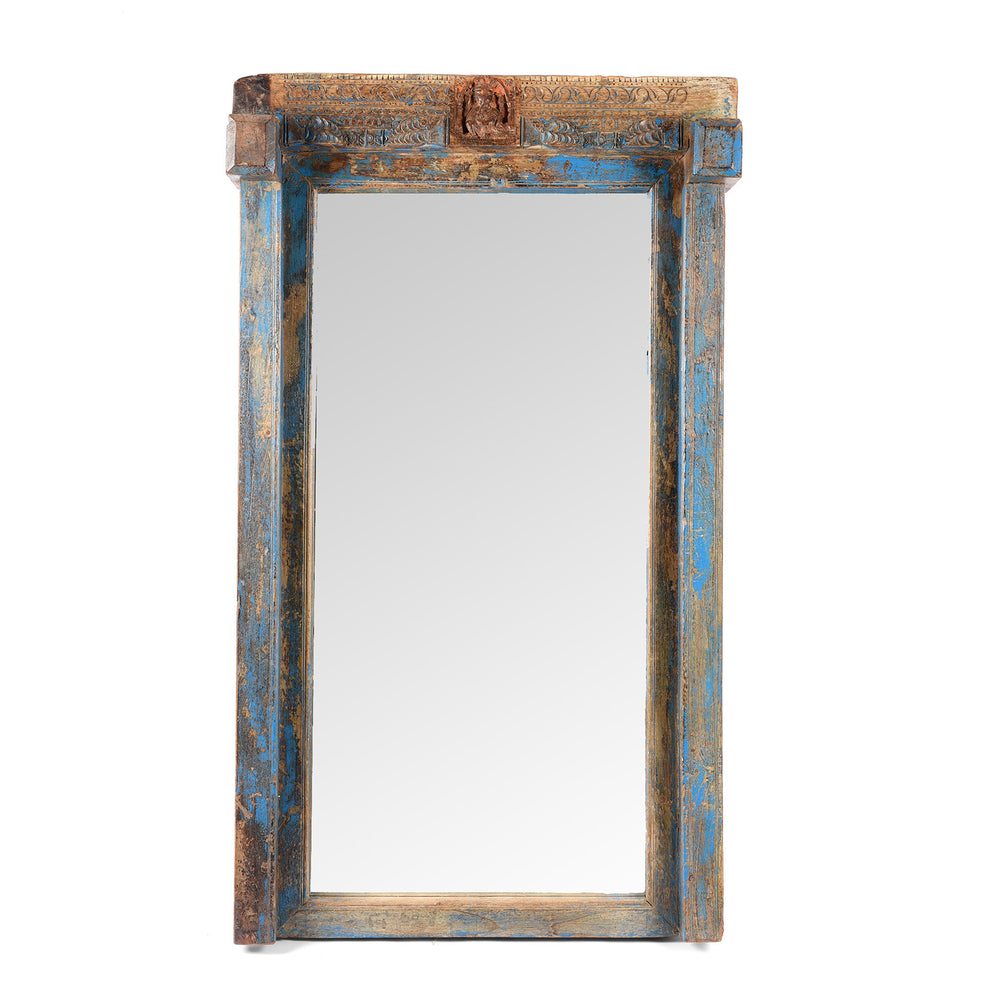 Antique Painted Blue Painted Indian Ganesh Door Mirror From Gujarat - 19th Century | Indigo Antiques