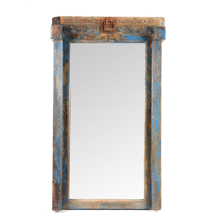 Antique Painted Blue Painted Indian Ganesh Door Mirror From Gujarat - 19th Century | Indigo Antiques