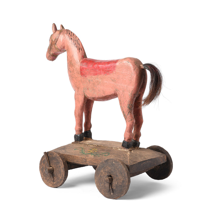 Rear View Of Painted Horse Wheel Toy From Rajasthan Ca - 1920's | Indigo Antiques