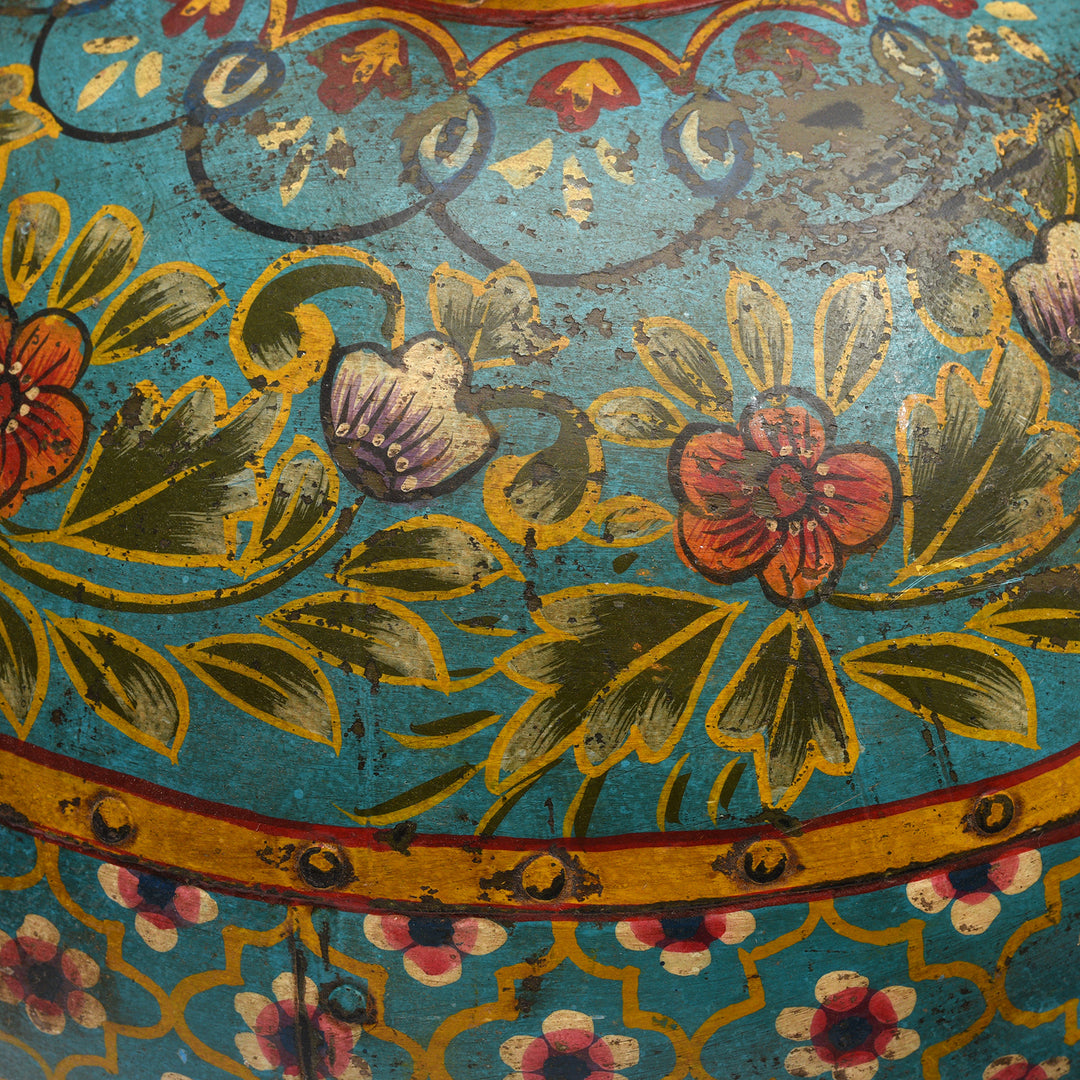 Floral Detail from a Teal Painted Indian Lota (Indian Water Pot) | Indigo Antiques