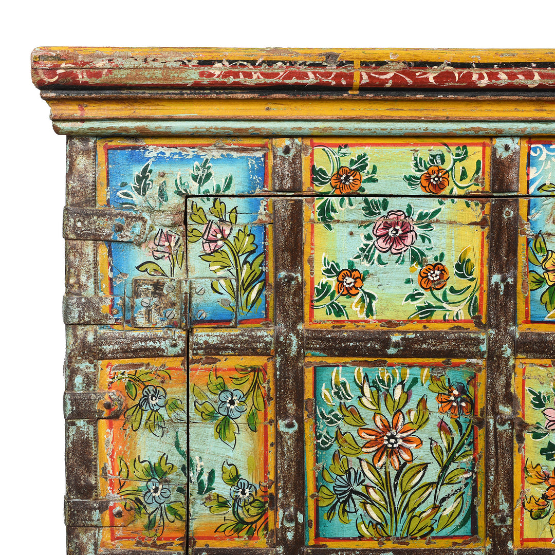 Corner detail of a Painted Indian 2 Door Pithara Console Chest