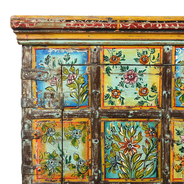 Corner detail of a Painted Indian 2 Door Pithara Console Chest