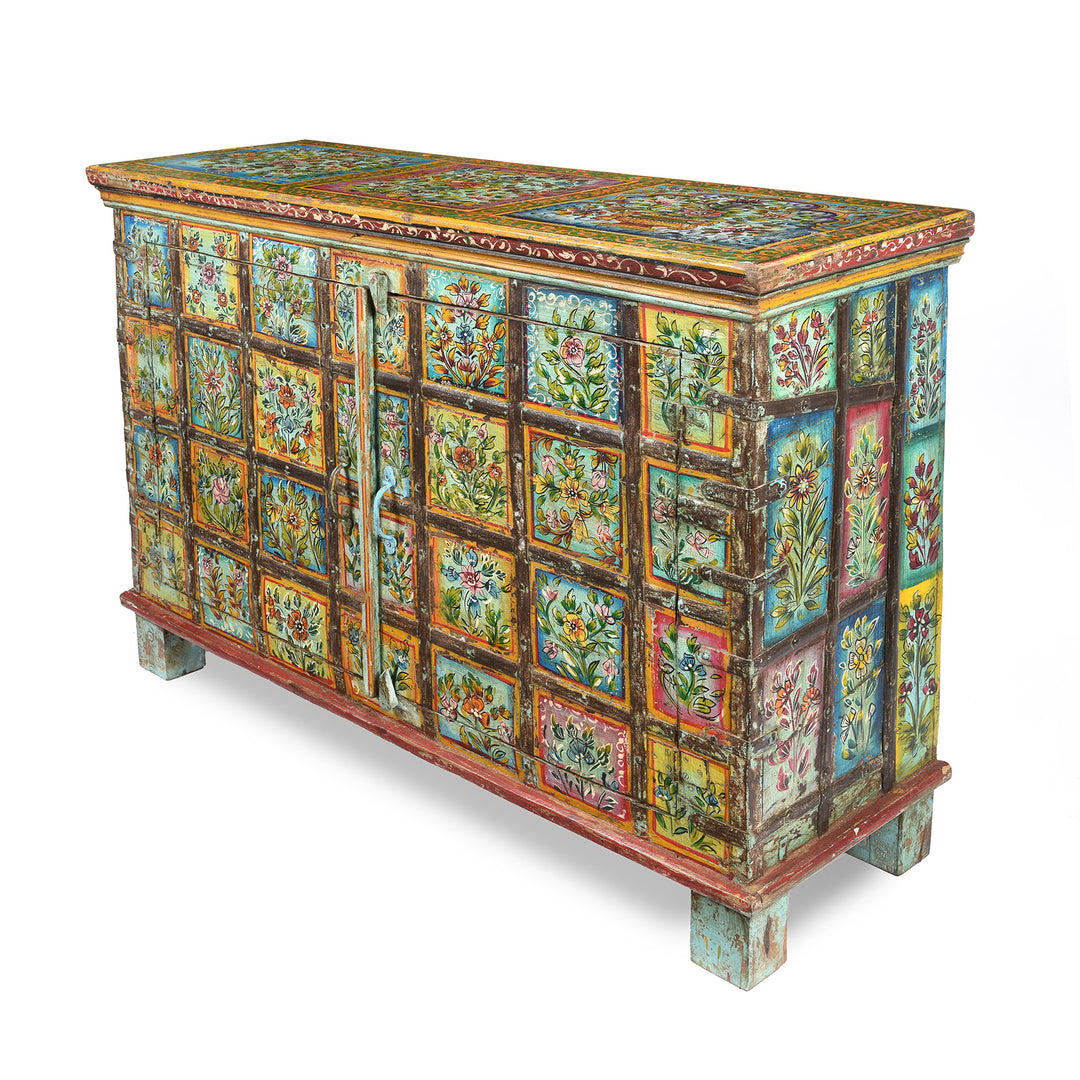 Side detail of a Painted Indian 2 Door Pithara Console Chest