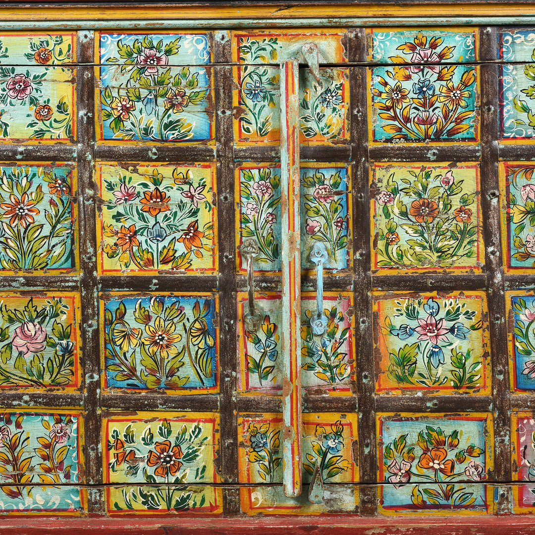 Front detail of a Painted Indian 2 Door Pithara Console Chest