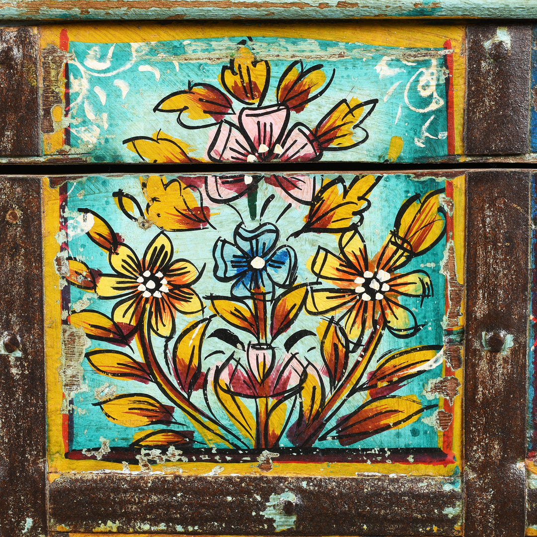 Painting detail of a Painted Indian 2 Door Pithara Console Chest