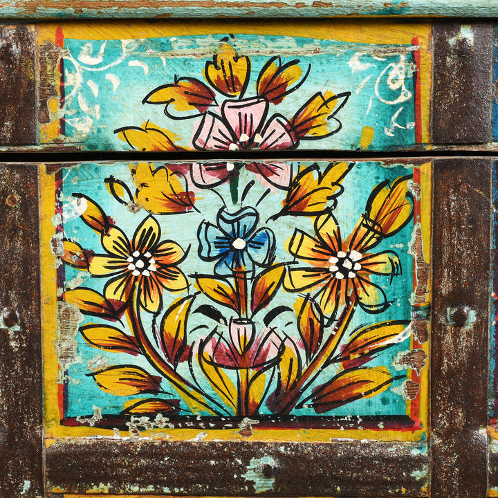 Painting detail of a Painted Indian 2 Door Pithara Console Chest