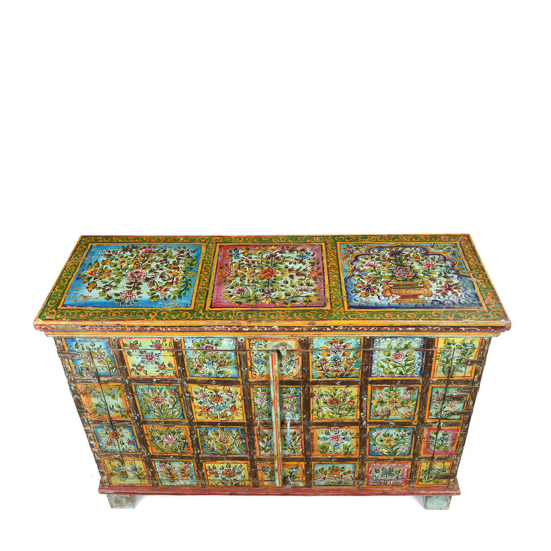 Top detail of a Painted Indian 2 Door Pithara Console Chest