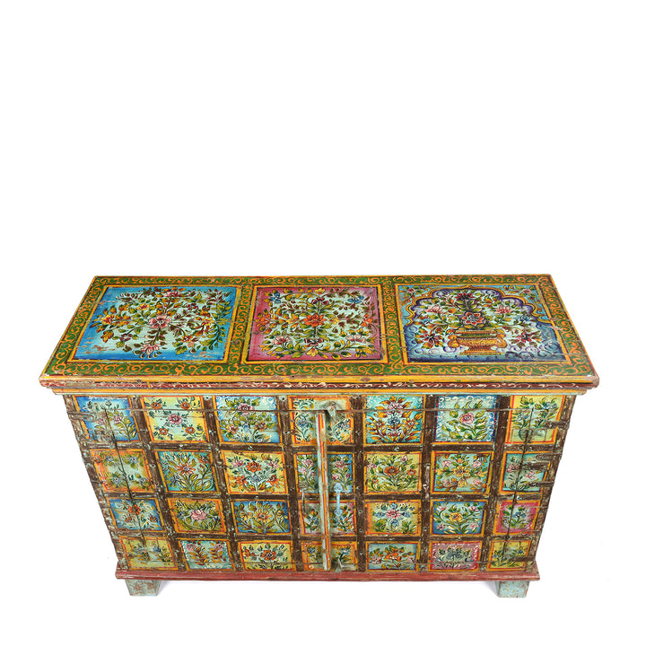 Top detail of a Painted Indian 2 Door Pithara Console Chest