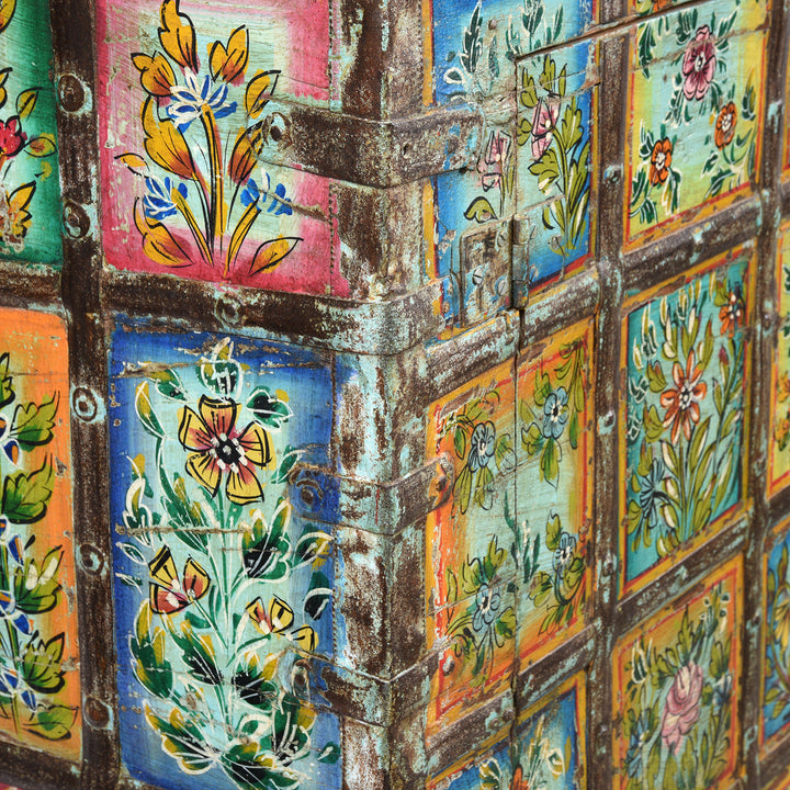 Corner Detail of a Painted Indian 2 Door Pithara Console Chest