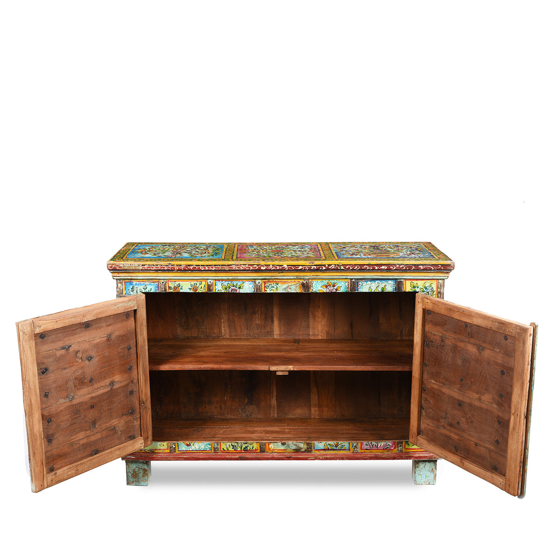 Open Detail of a Painted Indian 2 Door Pithara Console Chest