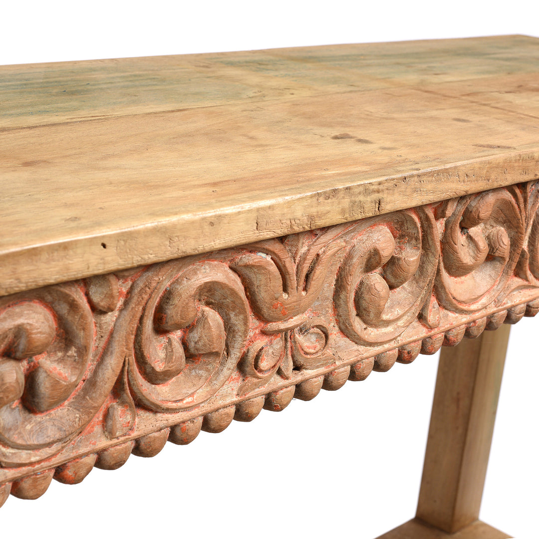 Carving Depth Detail From Painted Indian Console Table Made From Reclaimed Teak | Indigo Antiques