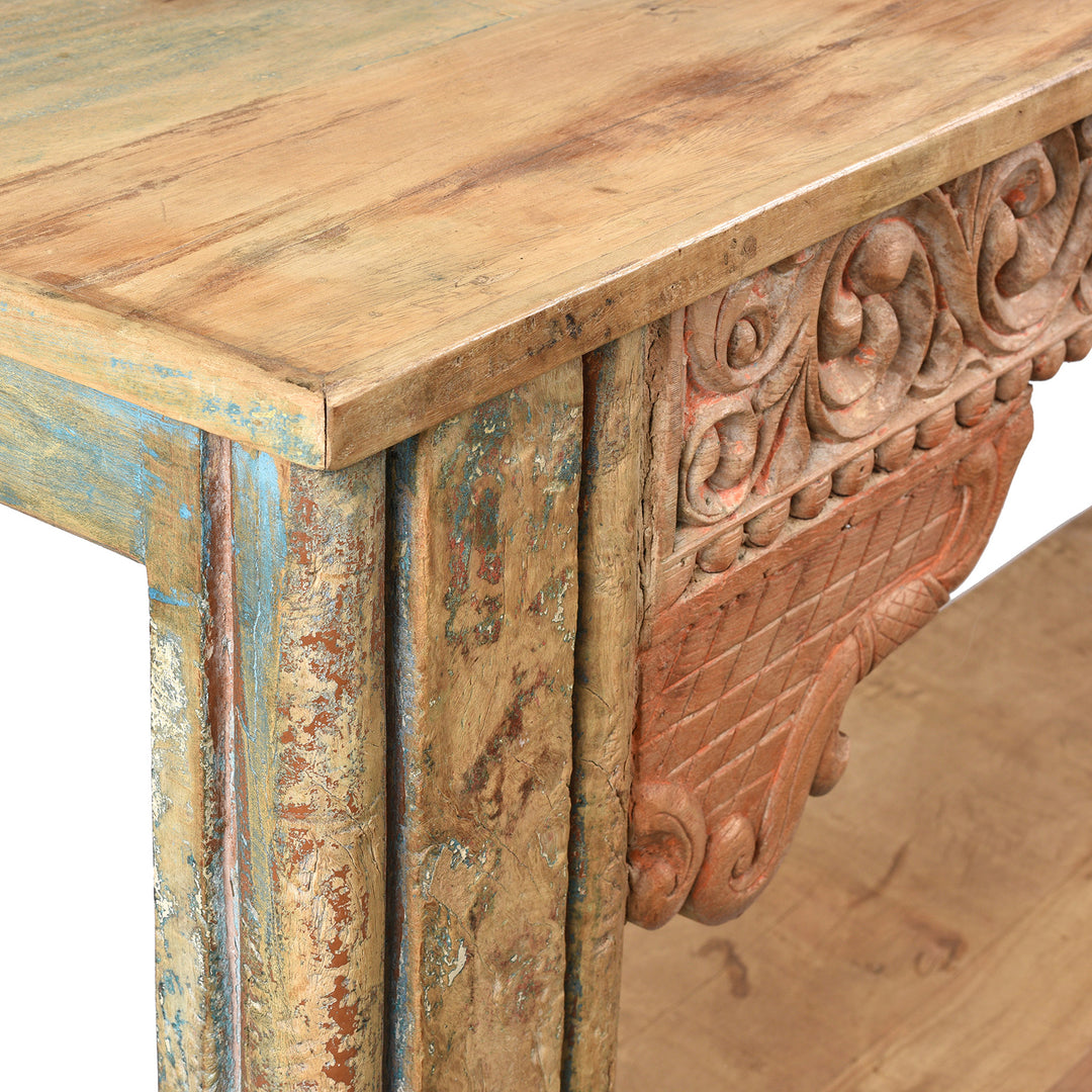 Corner VIew Detail From Painted Indian Console Table Made From Reclaimed Teak | Indigo Antiques