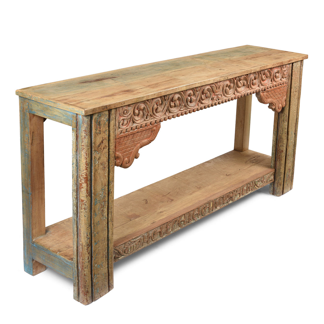 Angled View Of Painted Indian Console Table Made From Reclaimed Teak | Indigo Antiques