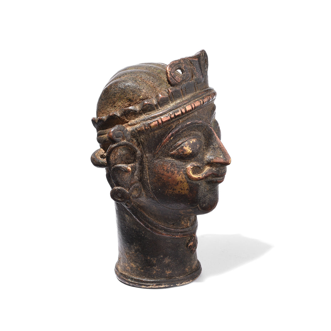 Angled View Of Antique Bronze Mukhalinga (Shiva Head) - 18th Century | Indigo Antiques