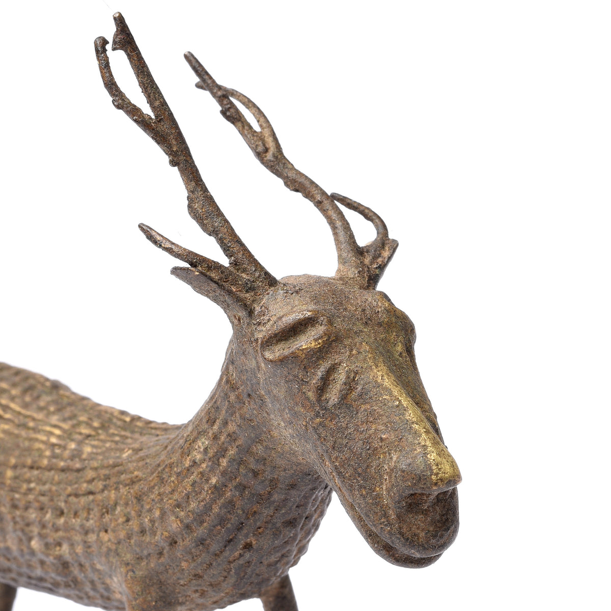 Face Detail From Antique Brass Gond Dhokra Deer From Central India - 19th Century | Indigo Antiques