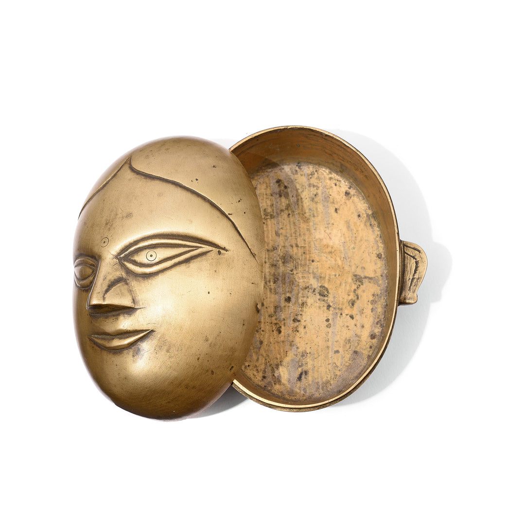 Open Lid View Of Antique Brass Gauri Head Betelnut Box - 19th Century | Indigo Antiques