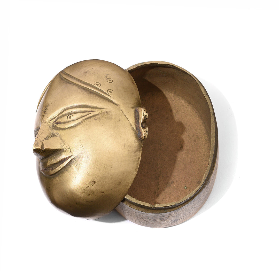 Open Lid View Of Antique Brass Gauri Head Betelnut Box - 19th Century | Indigo Antiques